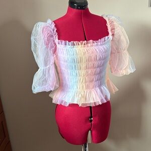 NWOT 🧚 Fairycore Rainbow Puff Sleeve Blouse Tulle Shired Top Sz S